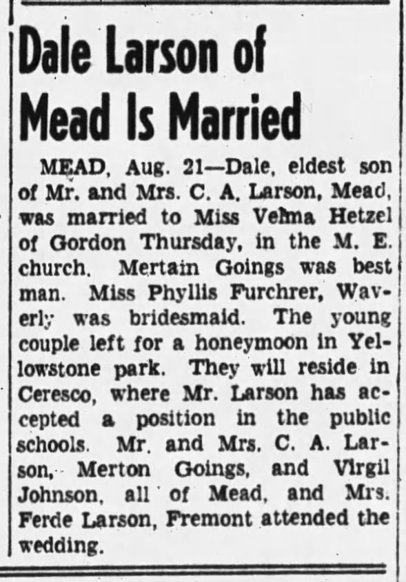 Dale Larson of Mead is Married Fremont Tribune, Fremont, NE, 21 Aug 1939, Mon. page 3